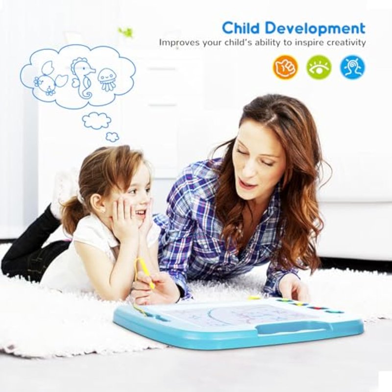 Large Magnetic Drawing Board for Kids - 16x13 Inch Art & Learning Toy with Stamps, Light Blue