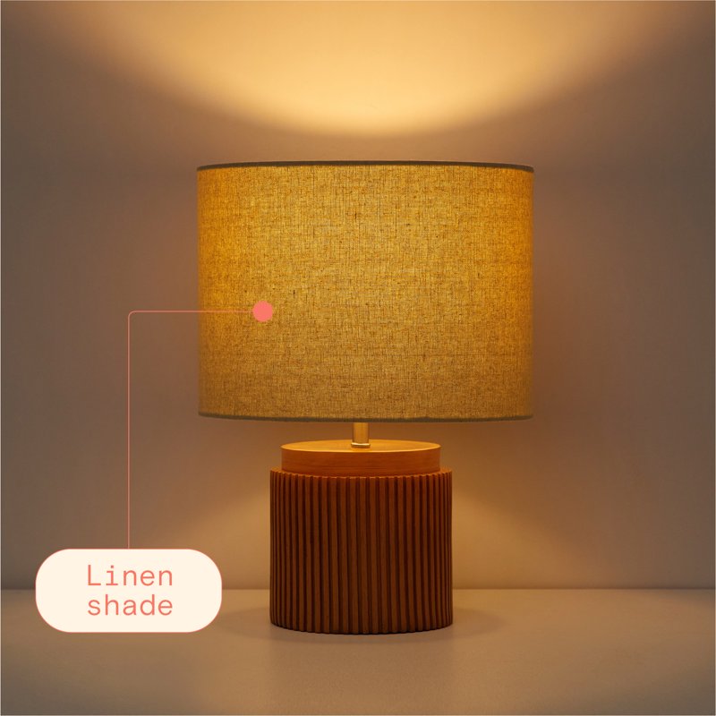 Modern Faux Wood Table Lamp with Linen Shade - Brown Ribbed Base