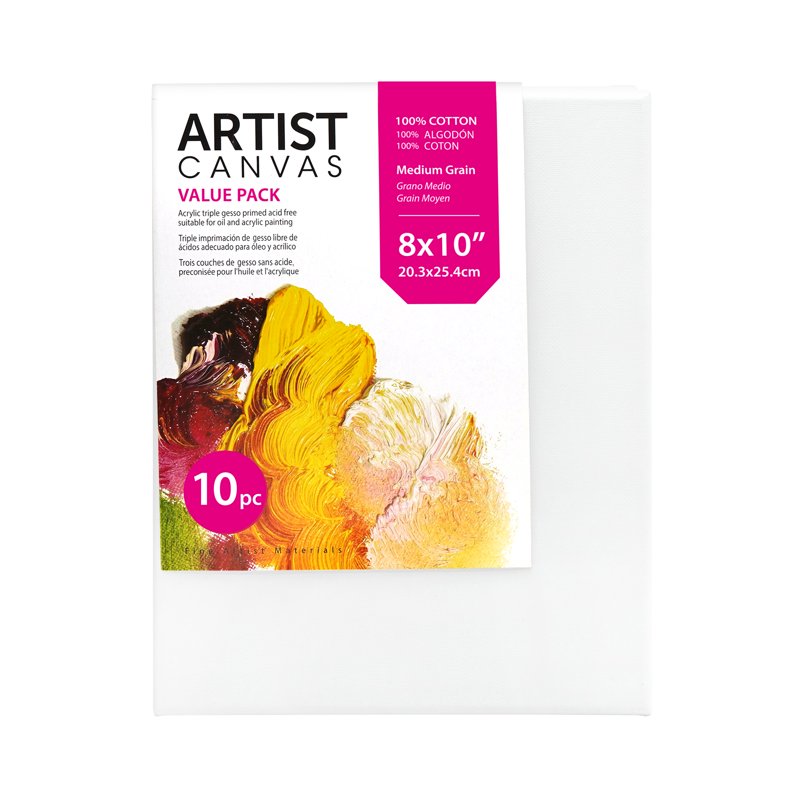 Studio White Stretched Canvas 8x10 Inches - Pack of 10, Acid-Free Cotton for Painting & Art