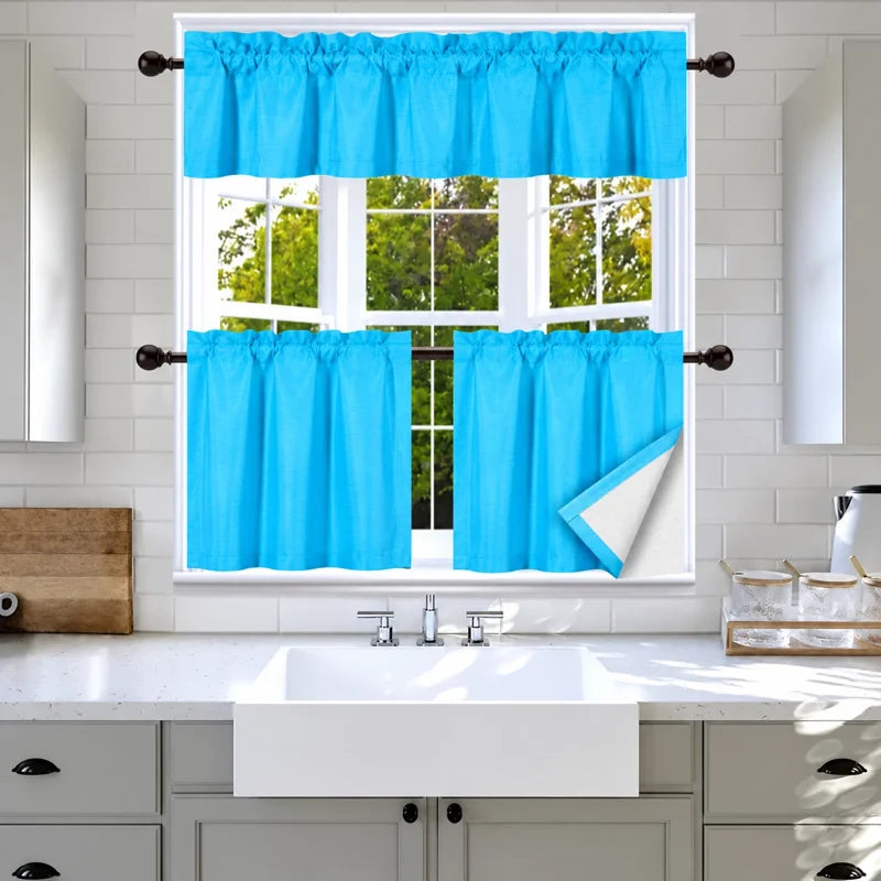 Faux Silk Blackout Kitchen Curtain Set - 3 Piece Window Treatment, Multiple Colors