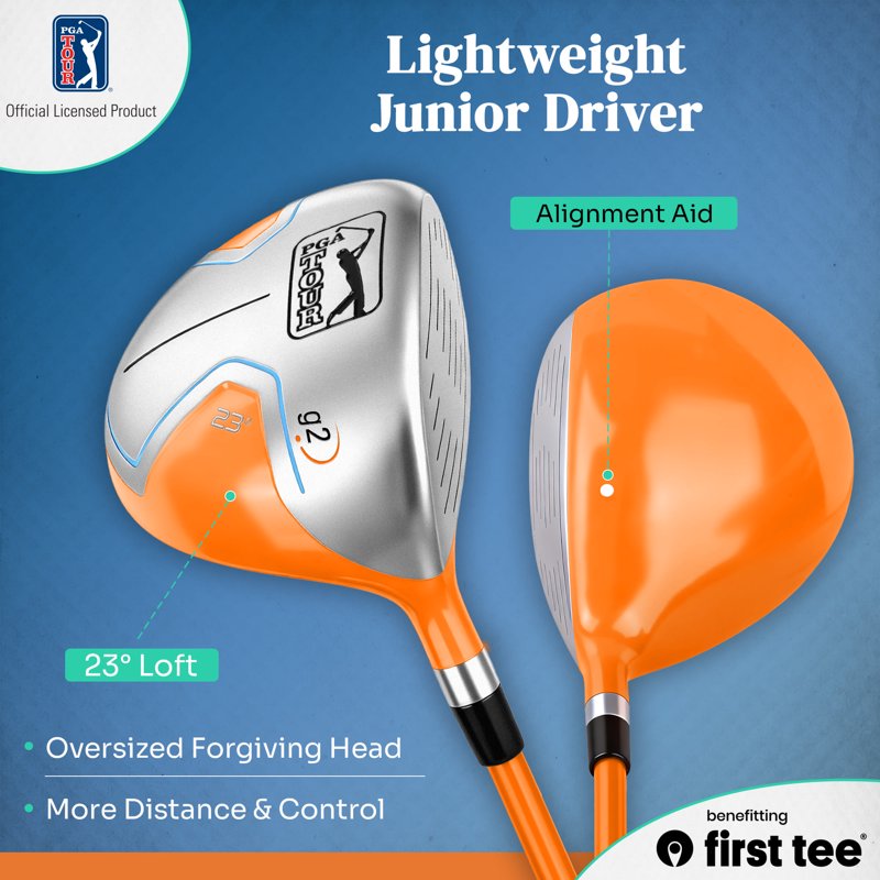 PGA TOUR x First Tee Junior Golf Club Set - Right Handed, 5-Piece with Carry Bag, Height 3'6"–4'1", Orange
