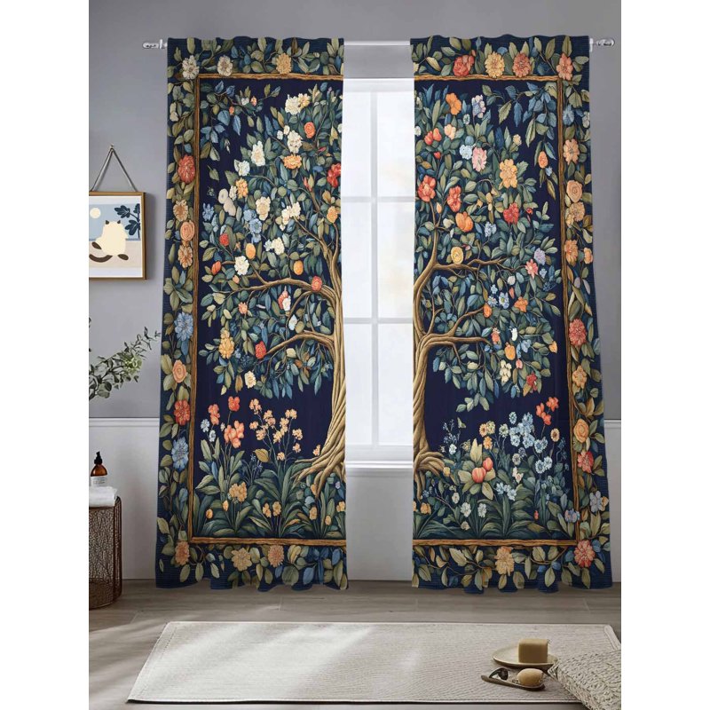 Semi Sheer Boho Floral Curtain Set - Multiple Sizes, 2 Panels