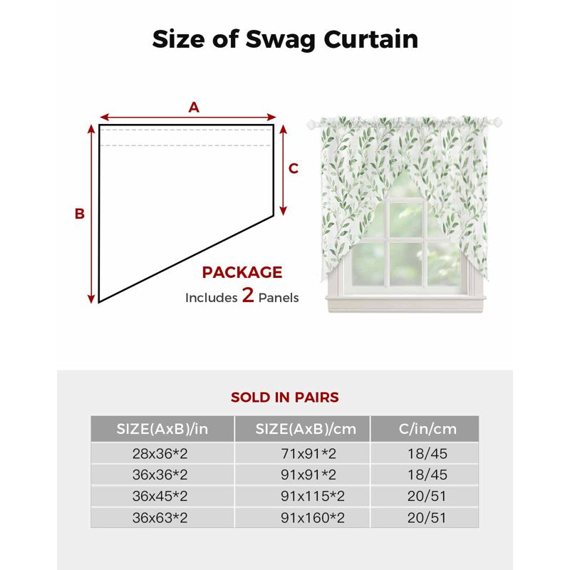 Green Leaves Swag Valances for Windows - Summer Botanical Sheer Curtains, 36x36 Inches, 2 Panels