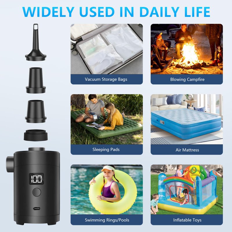 Portable Electric Air Pump with Type-C Charging for Inflating and Deflating Pool Floats, Air Beds, and Inflatables