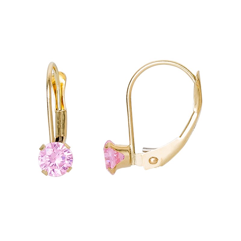 Girls Tween 14K Yellow Gold Pink CZ Lever Back Earrings - Kids Jewelry
