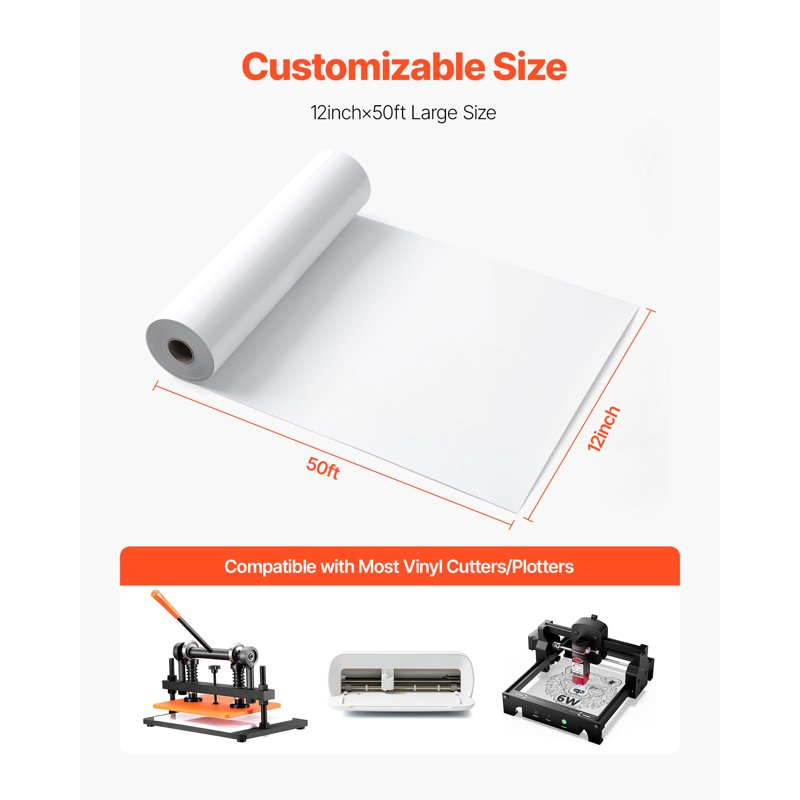 Heat Transfer Vinyl Roll 12x50in Glossy White for T-Shirts & Crafts