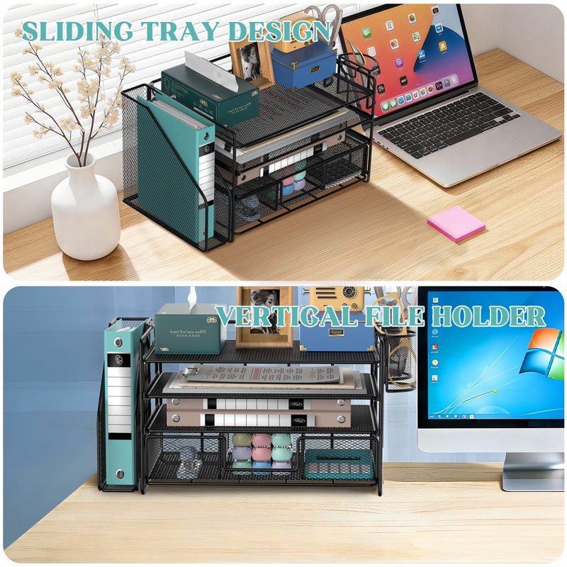4-Tier Desktop File Organizer with Drawer and Pen Holders - Office Desk Accessories