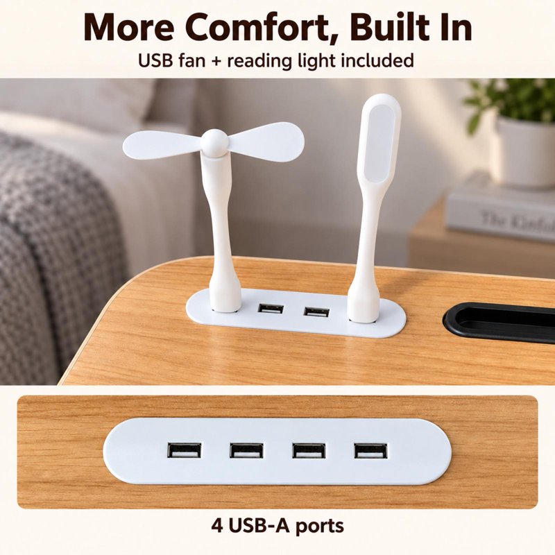 PHANCIR Upgraded Folding Lap Desk with USB Fan & LED Reading Light, 23.6in Walnut