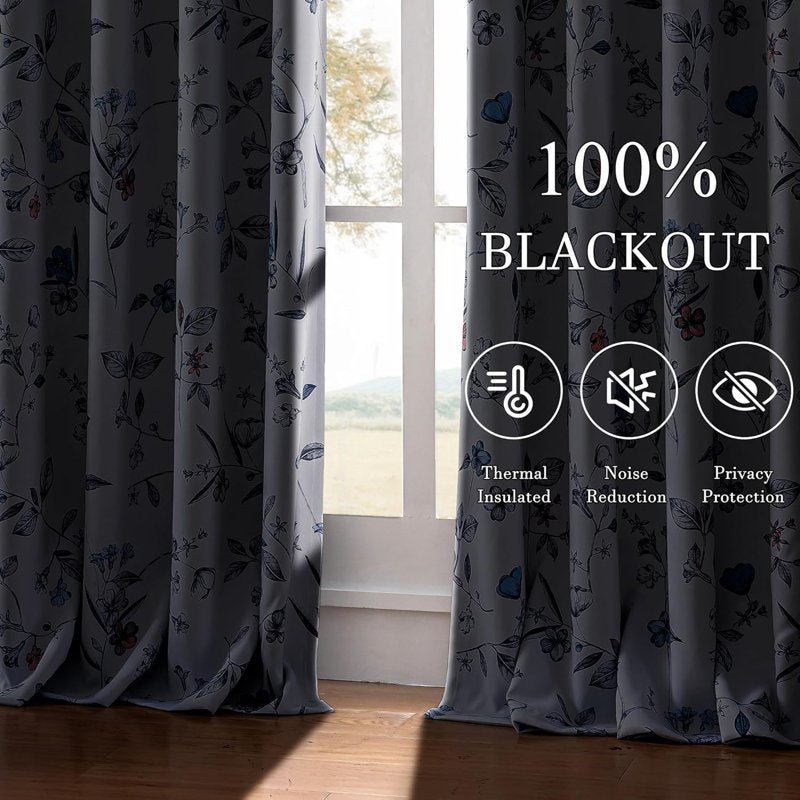 Blackout Floral Curtains 52W x 63L Room Darkening Insulated Drapes - Navy Blue