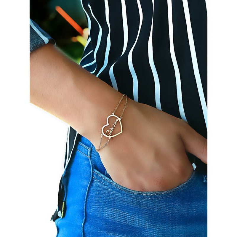 Personalized Sterling Silver Double Chain Heart Bracelet - 7 Inch Custom Name Jewelry