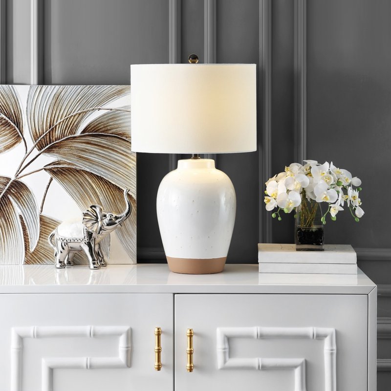 Mid-Century Table Lamp - Ivory Ceramic with White Drum Shade, 27.5 in.