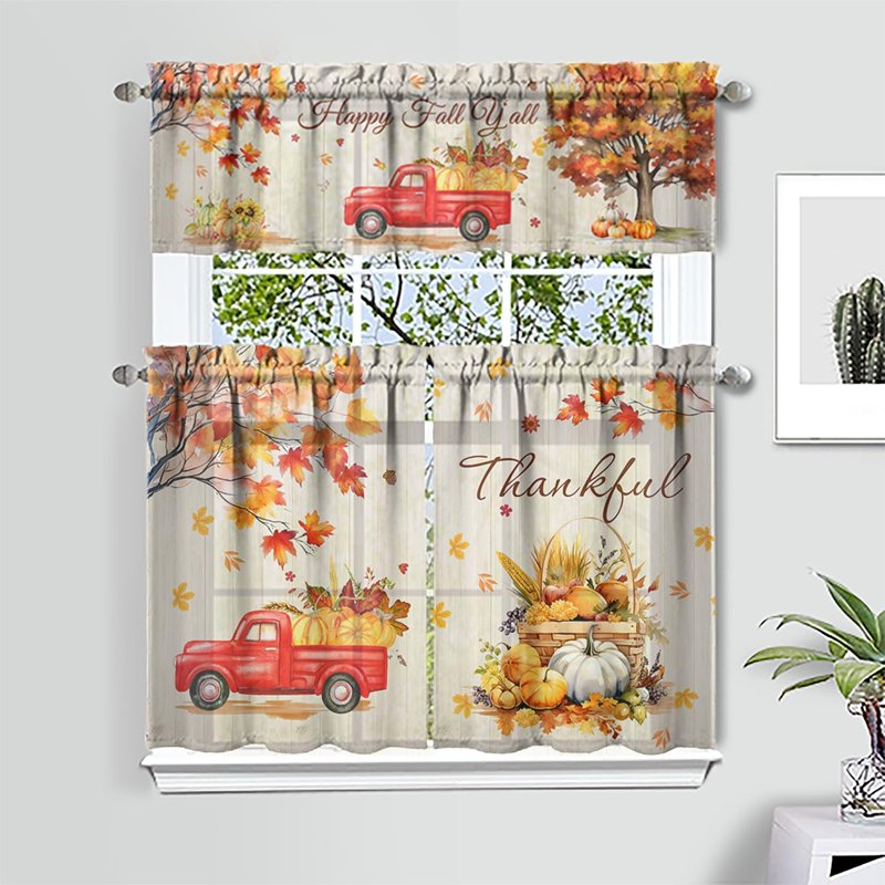 Fall Pumpkin Kitchen Curtains Valances and Tiers Set for Windows - Autumn Truck Maple Leaves 3-Piece
