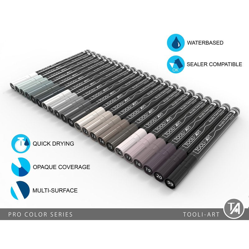 Tooli-Art 22-Color Gray Acrylic Paint Pens Set | 0.7mm Extra-Fine Tip — Variation: Gray