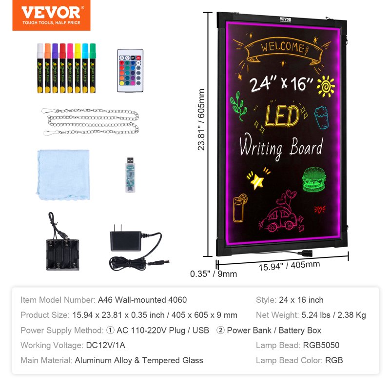 LED Message Writing Board 24x16 Inch Neon Light Sign with Markers & Remote