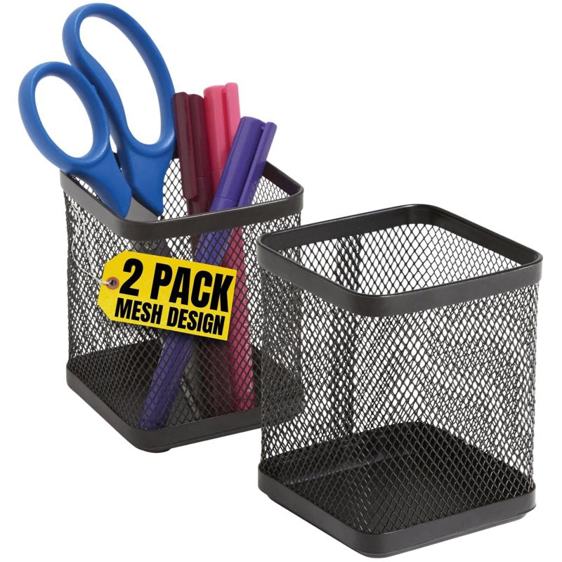 Metal Mesh Pen Cup Holder Set - 2 Pack, Black Office Desk Organizer