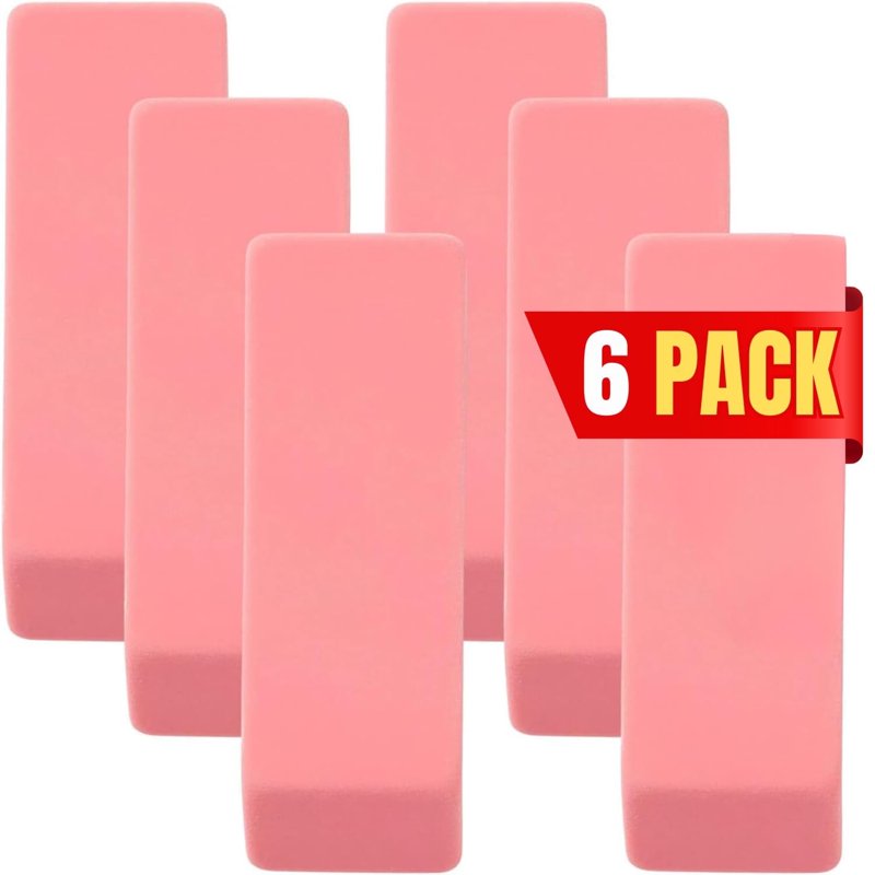 Large Pink Bevel Erasers for Pencils - Latex-Free, 6 Pack