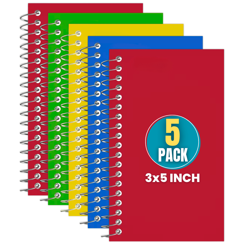 Mini Spiral Notepads 3x5 Inches - Pack of 5 Assorted College Ruled Memo Pads