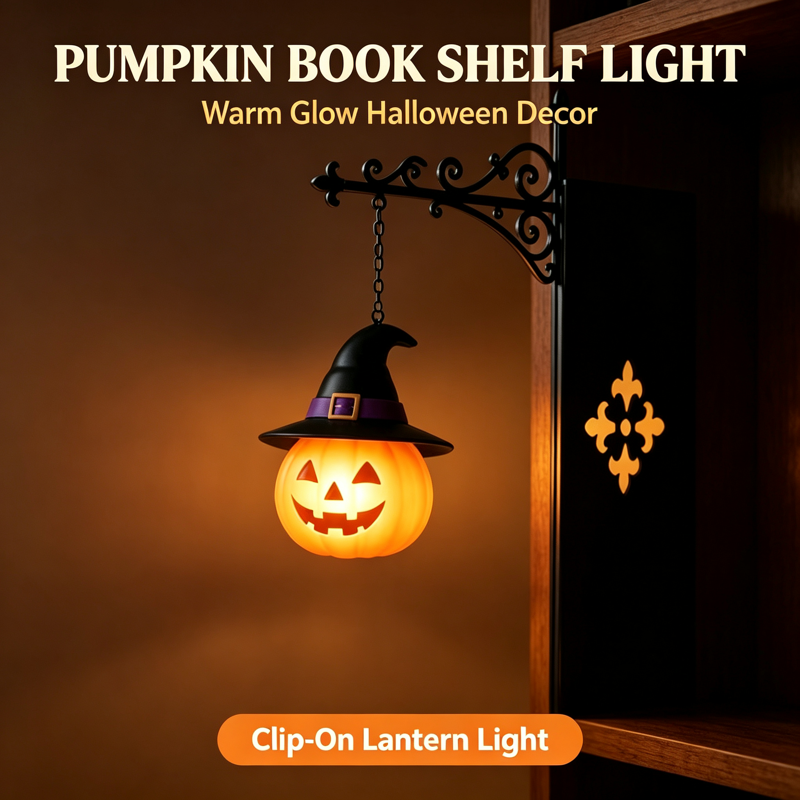 Hat Pumpkin Halloween Bookshelf Lamp - Vintage Ghost Library Light with Bookend Base