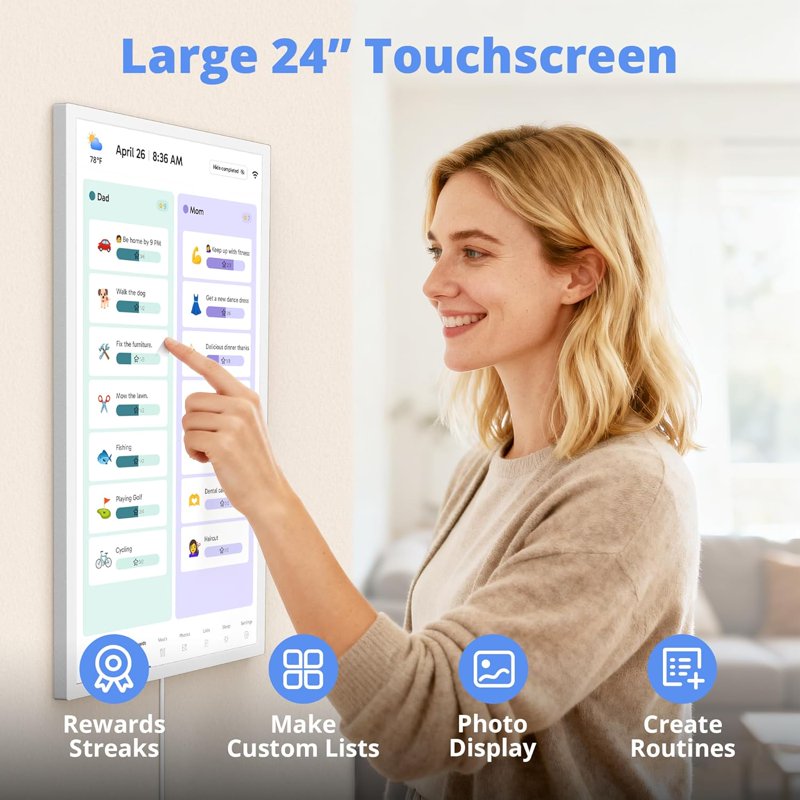 24 Inch Digital Family Calendar Touchscreen Wall Planner with Chore Chart