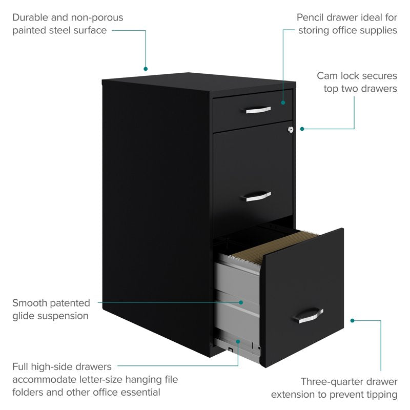 3-Drawer Vertical File Cabinet with Lock - Steel Office Storage, Black