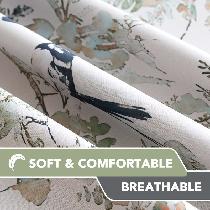 Blackout Floral Bird Pattern Curtains with Grommets - 2 Panels, Thermal Privacy Drapes