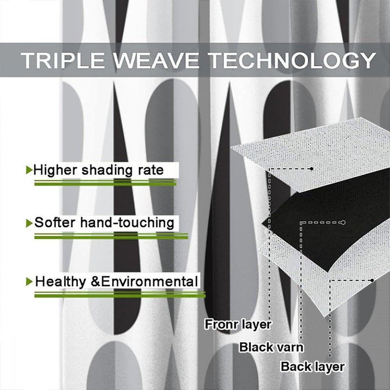 Mid Century Black White Gray Droplet Pattern Curtains - Thermal Insulated Window Drapes, 2 Panels