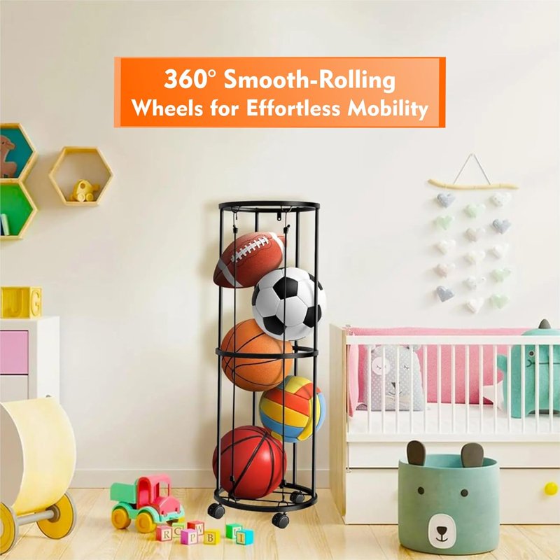 Vertical Ball Storage Rack with Wheels for Basketball Volleyball Soccer Balls