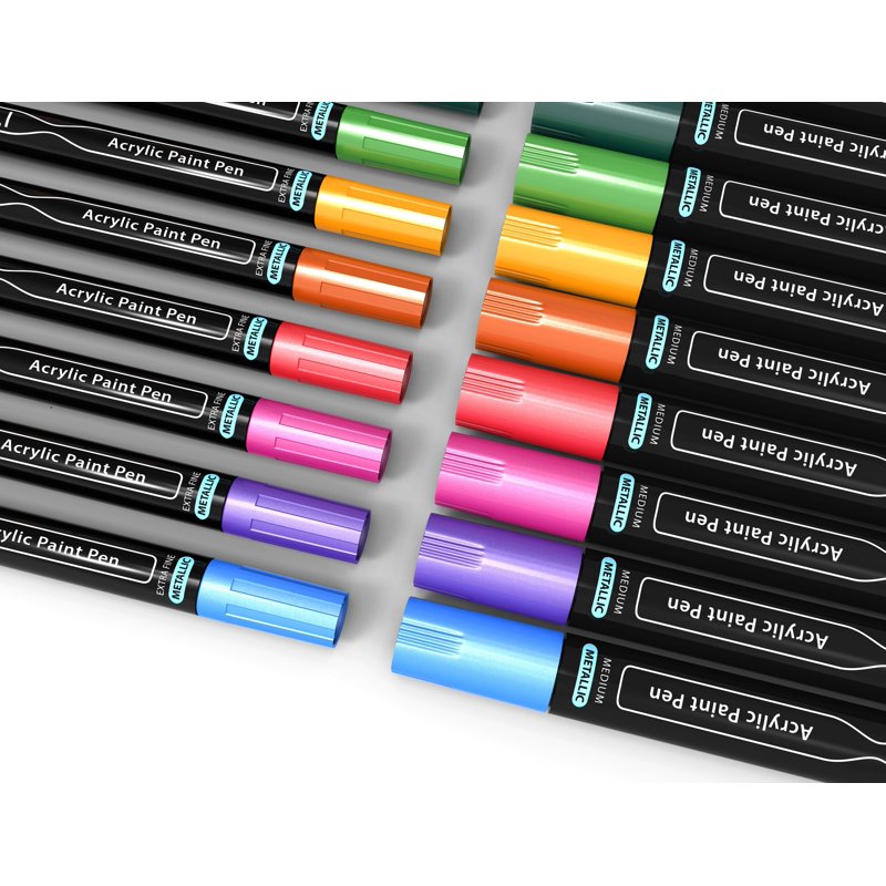 Metallic Acrylic Paint Pens Set for Rocks Glass Mugs - 24 Colors, Fine & Medium Tips