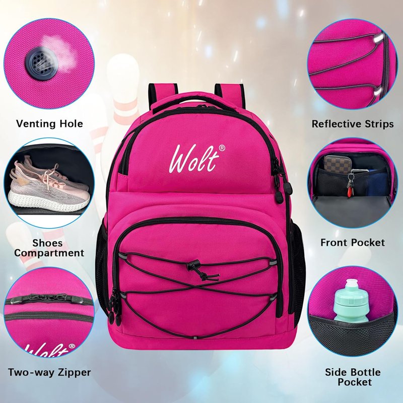 WOLT 2-Ball Bowling Backpack with Ventilated Shoe Compartment, Pink
