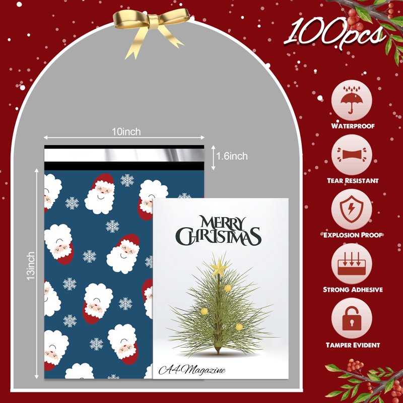 10x13 inch Christmas Poly Mailers 100 Pcs – Waterproof Self-Seal Shipping Bags with Santa Claus & Snowflakes