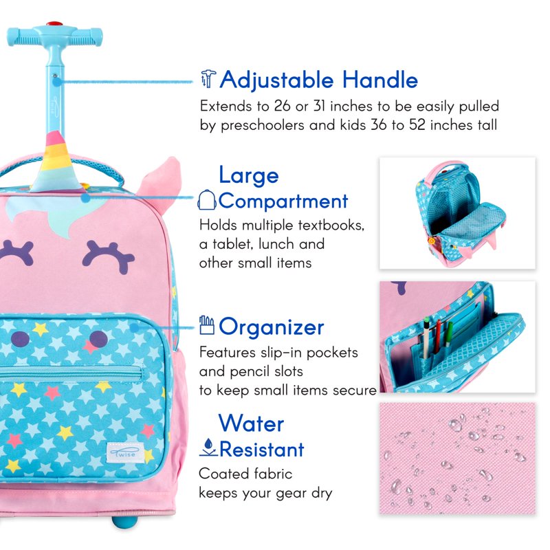 Kids Rolling Backpack with Convertible Shoulder Straps and Large Main Compartment