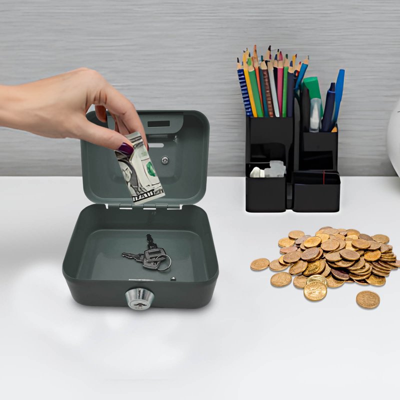 Mini Metal Cash Box with Lock and Handle for Money, Coins, Kids Toys