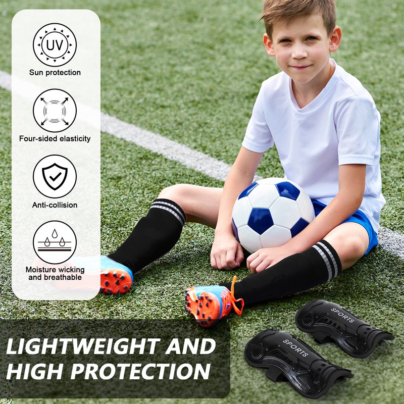 2 Pairs Kids Soccer Shin Guards & Socks Set, Lightweight Youth Shield for 3-15 Years, Black & Blue (Variation: L, 2 Pair)