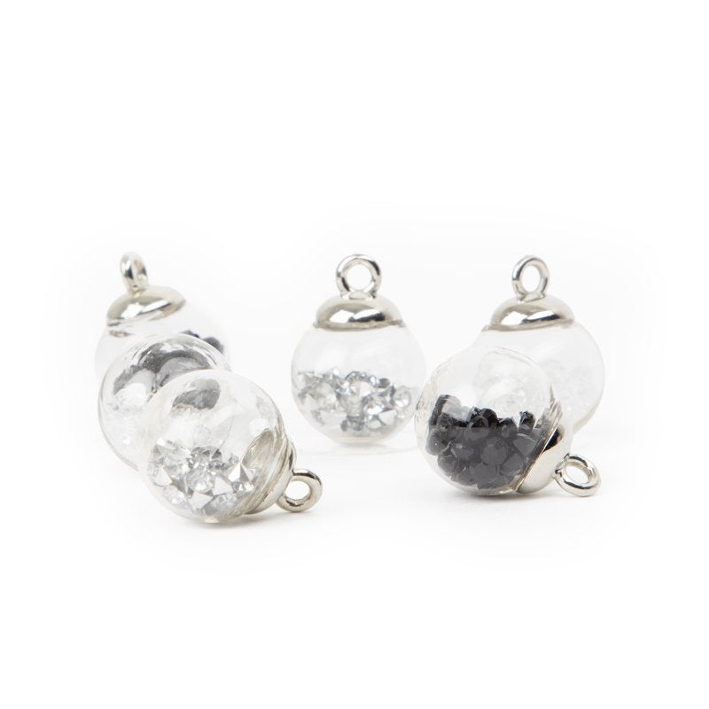 Glitter Globe Charms for Jewelry Making - Silver, Black & Clear 6-Piece Set