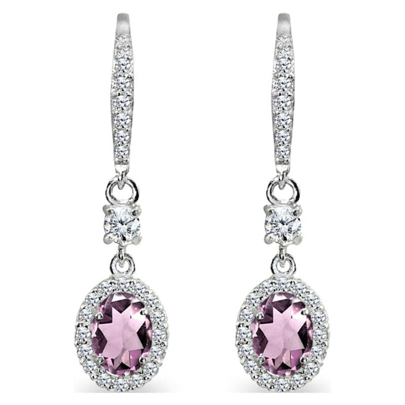 Sterling Silver Oval Halo Dangle Earrings with Simulated Alexandrite & CZ