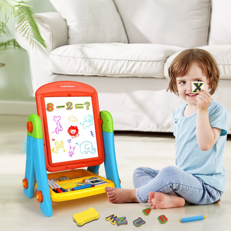 Double-Sided Toddler Art Easel with Magnetic Chalkboard & Whiteboard - Kids Gift