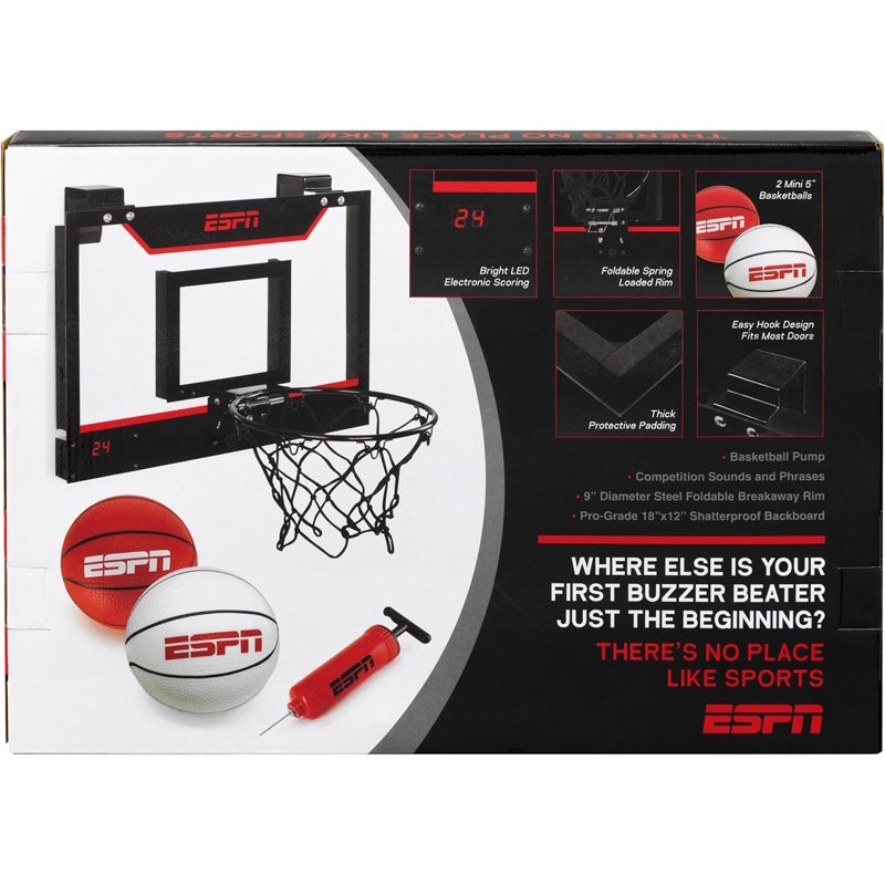 ESPN Mini Basketball Hoop with Electronic Scoring - Over Door, Includes Balls & Pump