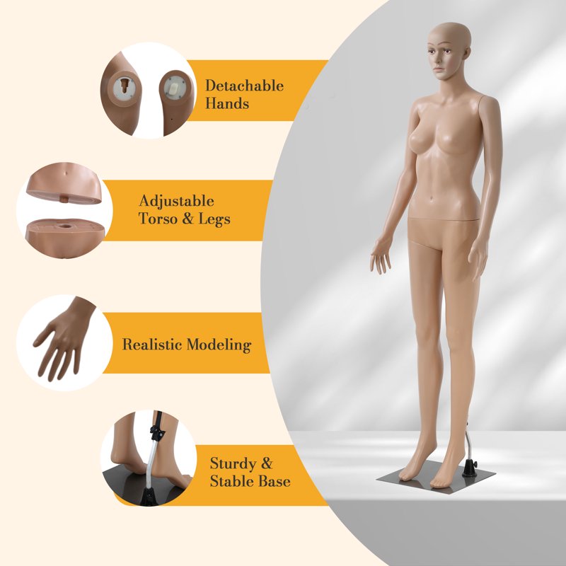 Full Body Female Mannequin with Adjustable Rotating Head and Arms - 69 Inch Dress Form for Fashion Display
