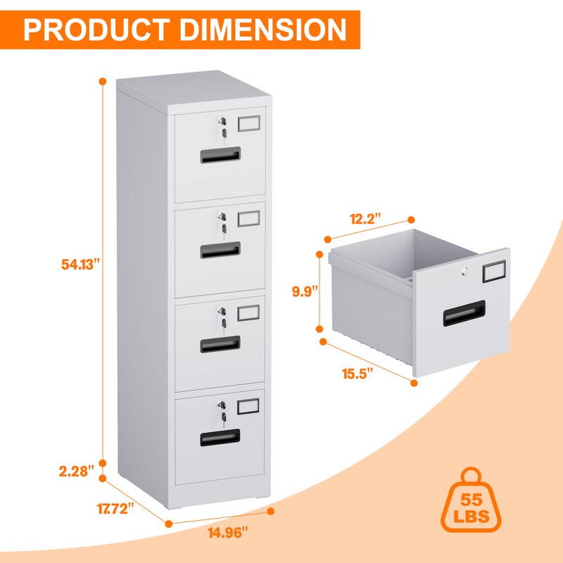 Metal Vertical File Cabinet with 4 Lockable Drawers for Office & School Storage
