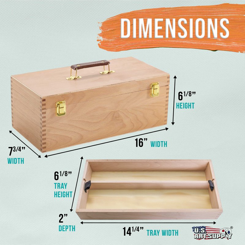 Art Supply Wooden Tool Storage Box with Removable Tray & Locking Clamps