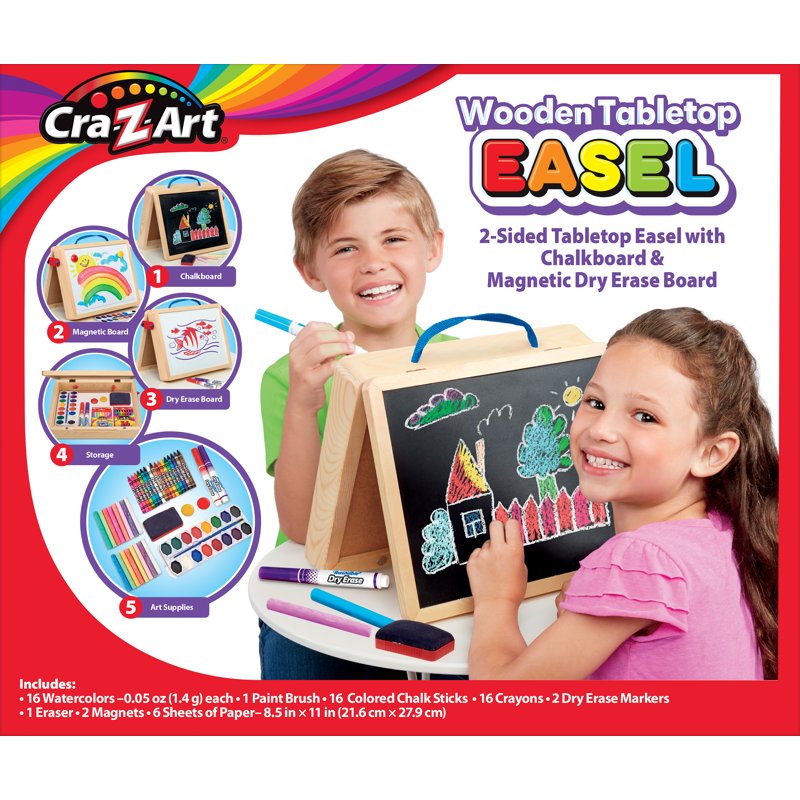 Portable Wooden Art Easel with Chalkboard & Dry Erase Board — 60+ Art Supplies, Kids Age 6+