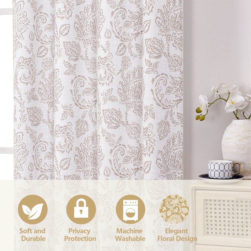 Farmhouse Taupe Floral Curtain Panels - 52W x 96L, 2-Pocket Rod Pocket Drape Set
