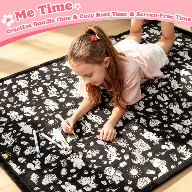 Washable Coloring Blanket with 20 Markers - 40x60 Inch DIY Arts & Crafts Gift