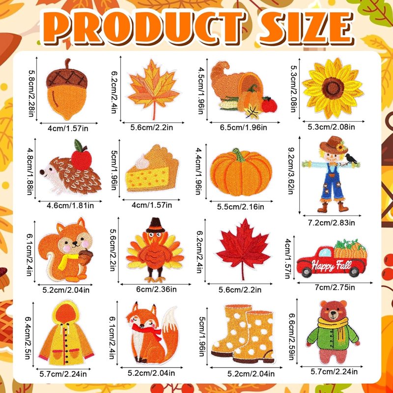 60 Pcs Fall Autumn Embroidered Iron-On Patches Assorted Thanksgiving Decorations