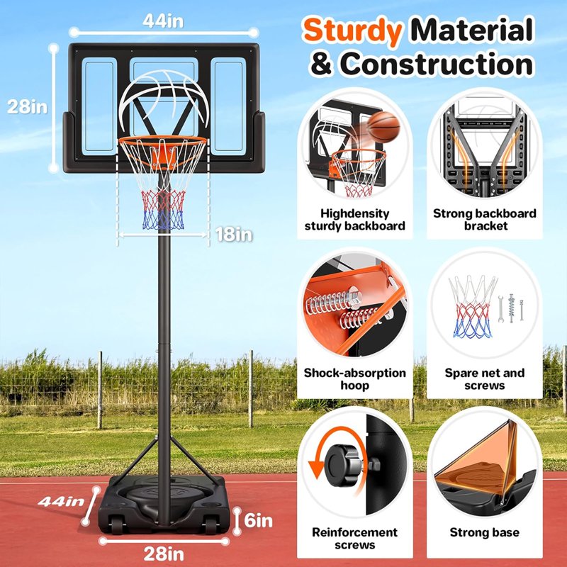 Adjustable Outdoor Basketball Hoop 10FT with 44-Inch Backboard Portable for Kids & Adults
