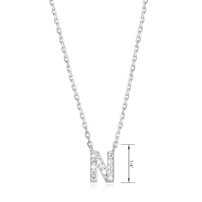 Sterling Silver Initial Letter N CZ Necklace 18 Inch Pendant for Women