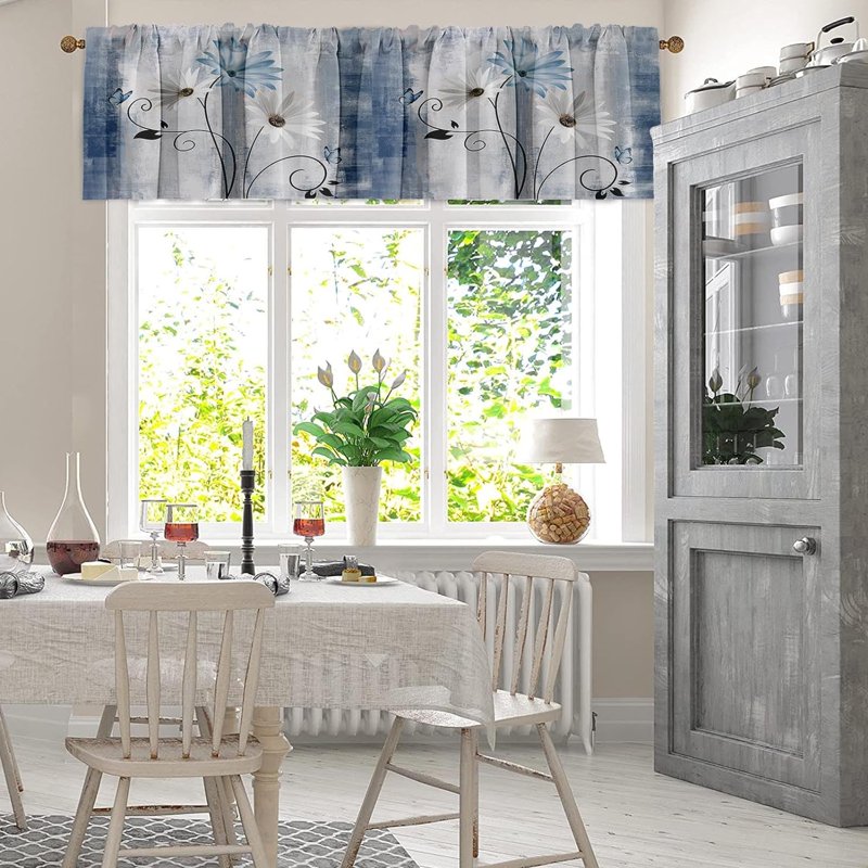 Farmhouse Style Window Valances 2 Pack - Blue Daisy Flowers & Butterfly Decor