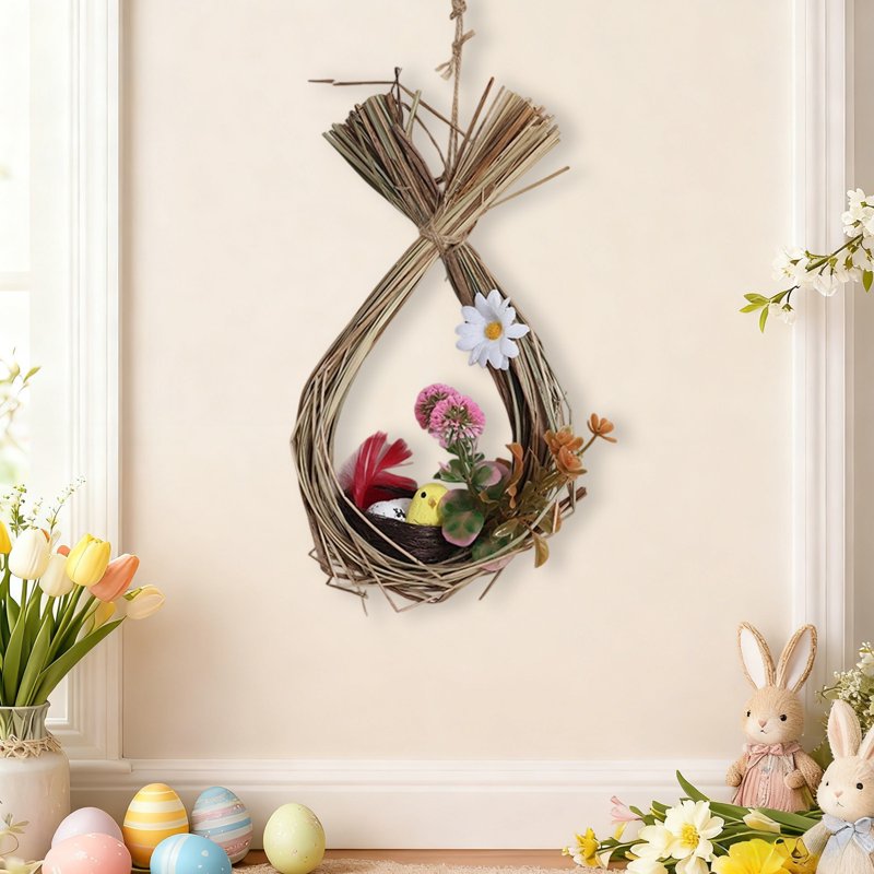 Easter Bunny Shaped Rattan Wreath Decoration for Holiday Home & Door Decor