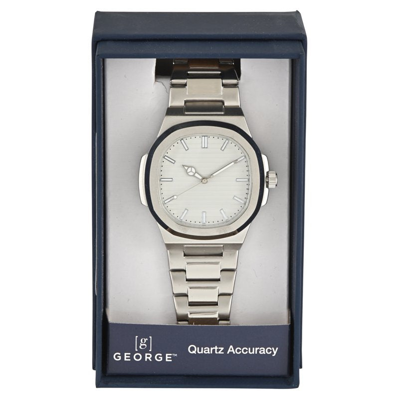 Men's Silver Square Watch with Matte Bracelet - Casual Dress Watch