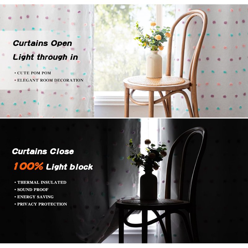 Blackout Curtains 52 x 84 Inches Pack of 2 with Sheer Pom Pom Double Layer
